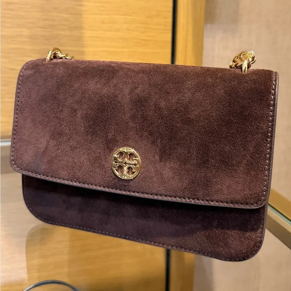 Tory Burch Leather Flap Chain Crossbody Bag New suede chocolate brown